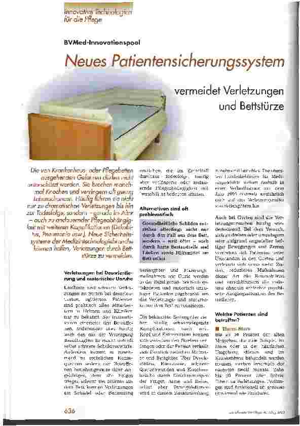 Vorschauseite 1: Neues Patientensicherungssystem vermeidet Verletzungen und Bettstürze BVMed-Innovationspool