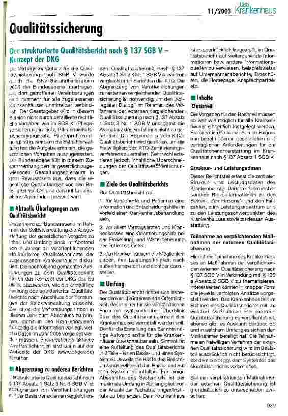 Vorschauseite 1: Der strukturierte Qualitätsbericht nach § 137 SGB V - Konzept der DKG