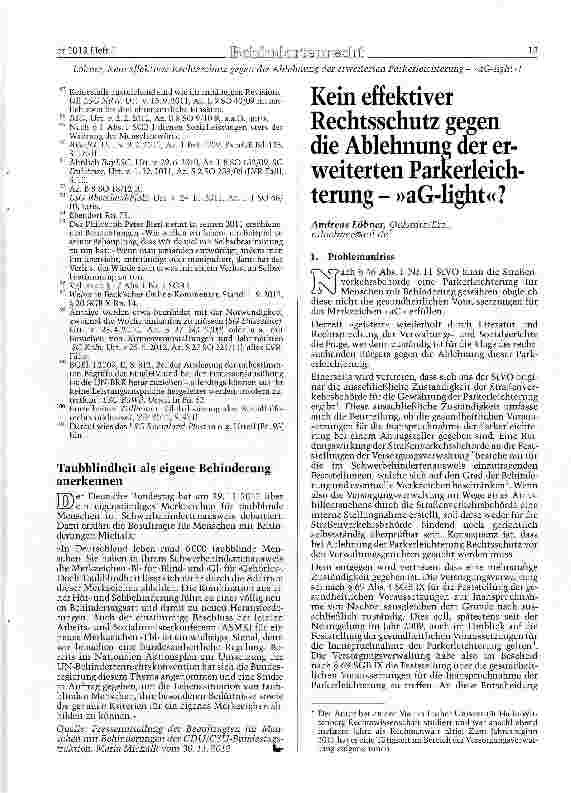 Vorschauseite 1: Kein effektiver Rechtsschutz gegen die Ablehnung der erweiterten Parkerleichterung - »aG-light«?