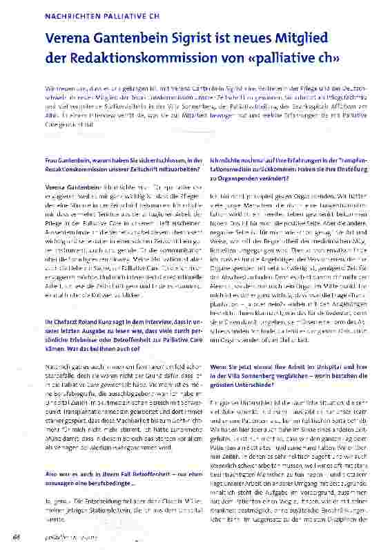 Vorschauseite 1: Verena Gantenbein Sigrist ist neues Mitglied der Redaktionskommission von «palliative ch»