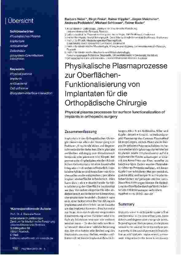 Vorschauseite 1: Physikalische Plasmaprozesse zurOberflächen-Funktionalisierung von Implantaten für die Orthopädische Chirurgie