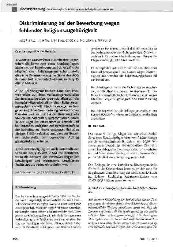 Vorschauseite 1: Diskriminierung bei der Bewerbung wegen fehlender ReligionszugehörigkeitAGC § 8 Abs. 1, § 9 Abs. 1, § 15 Abs. 2; GG Art. 140; WRVArt. 137 Abs. 3