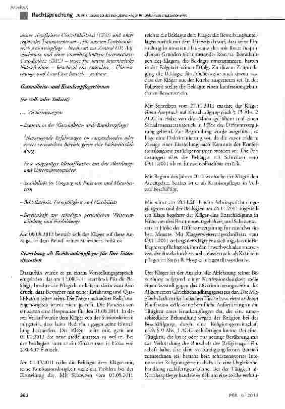 Vorschauseite 3: Diskriminierung bei der Bewerbung wegen fehlender ReligionszugehörigkeitAGC § 8 Abs. 1, § 9 Abs. 1, § 15 Abs. 2; GG Art. 140; WRVArt. 137 Abs. 3