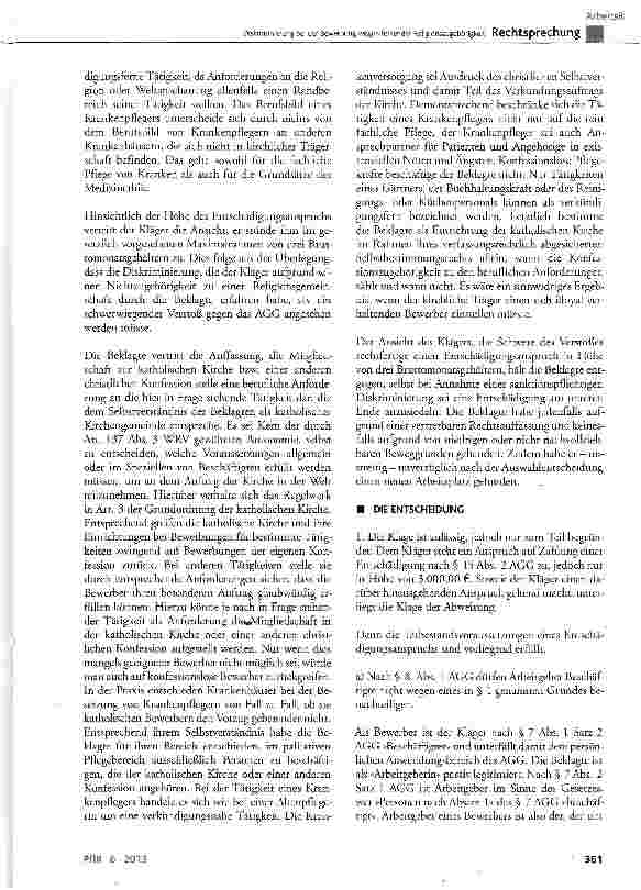 Vorschauseite 4: Diskriminierung bei der Bewerbung wegen fehlender ReligionszugehörigkeitAGC § 8 Abs. 1, § 9 Abs. 1, § 15 Abs. 2; GG Art. 140; WRVArt. 137 Abs. 3