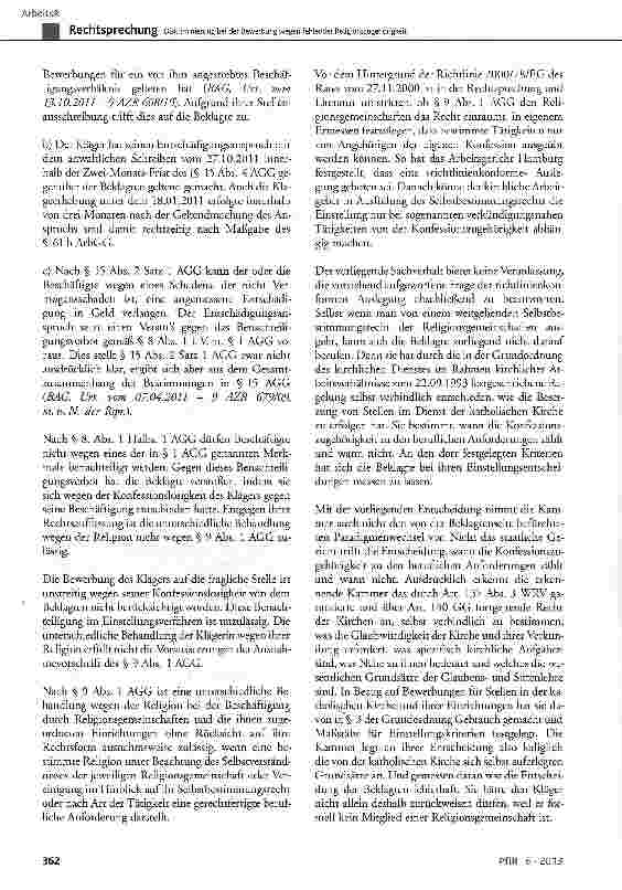 Vorschauseite 5: Diskriminierung bei der Bewerbung wegen fehlender ReligionszugehörigkeitAGC § 8 Abs. 1, § 9 Abs. 1, § 15 Abs. 2; GG Art. 140; WRVArt. 137 Abs. 3