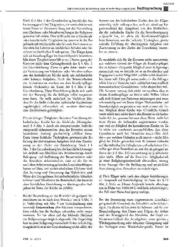 Vorschauseite 6: Diskriminierung bei der Bewerbung wegen fehlender ReligionszugehörigkeitAGC § 8 Abs. 1, § 9 Abs. 1, § 15 Abs. 2; GG Art. 140; WRVArt. 137 Abs. 3