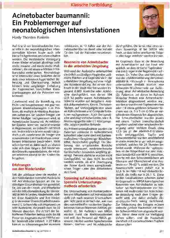 Vorschauseite 1: Acinetobacter baumannii: Ein Problemerreger auf neonatologischen Intensivstationen