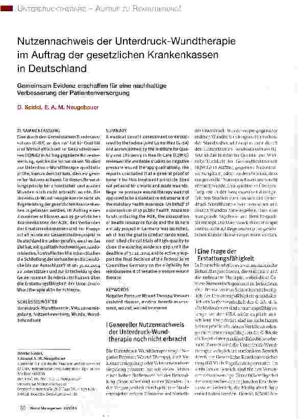 Vorschauseite 1: Nutzennachweis der Unterdruck-Wundtherapie im Auftrag der gesetzlichen Krankenkassen in Deutschland