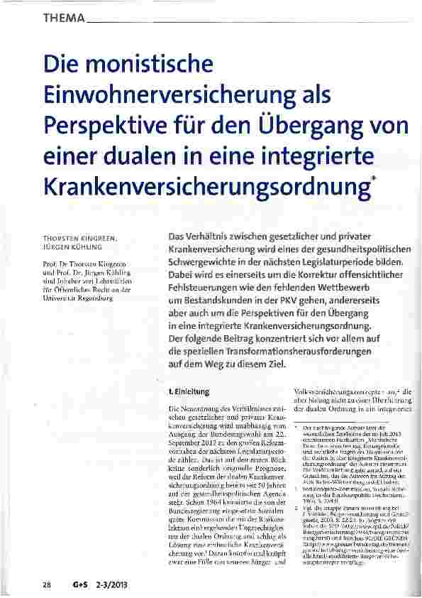 Vorschauseite 1: Die monistische Einwohnerversicherung als Perspektive für den Übergang von einer dualen in eine integrierte Krankenversicherungsordnung