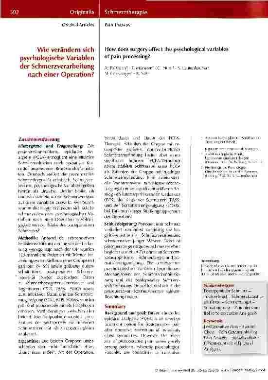 Vorschauseite 1: Wie verändern sich psychologische Variablen der Schmerzverarbeitung nach einer Operation?