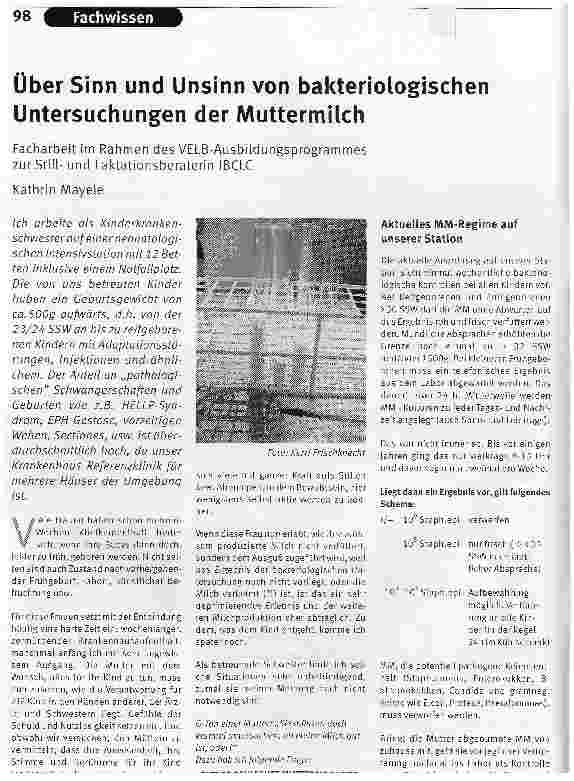 Vorschauseite 1: Über Sinn und Unsinn von bakteriologischen Untersuchungen der MuttermilchFacharbeit im Rahmen des VELB-Ausbildungsprogrammes zur Stillund Laktationsberaterin IBCLC