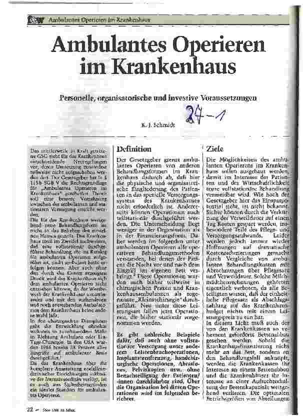 Vorschauseite 1: Ambulantes Operieren im Krankenhaus Personelle, organisatorische und investive Voraussetzungen