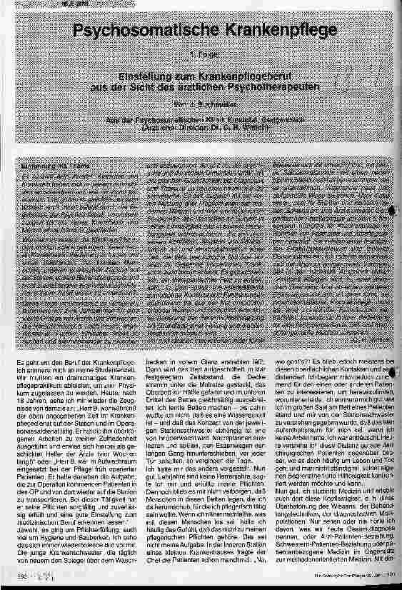 Vorschauseite 1: Psychosomatische Krankenpflege. 1. Folge: Einstellung zum Krankenpflegeberuf aus Sicht der ärztlichen Psychotherapeuten