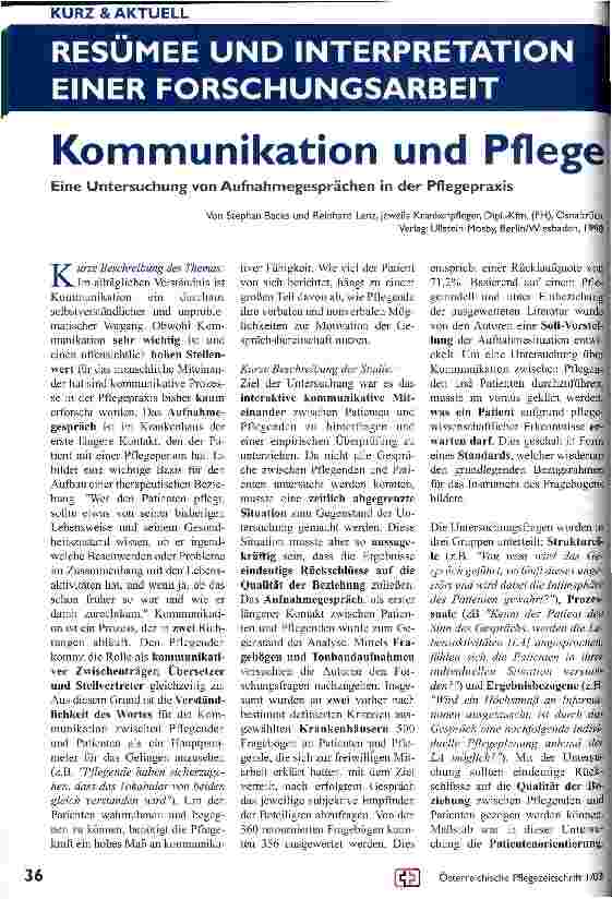 Vorschauseite 1: Kommunikation und Pflege Eine Untersuchung von Aufnahmegesprächen in der Pflegepraxis