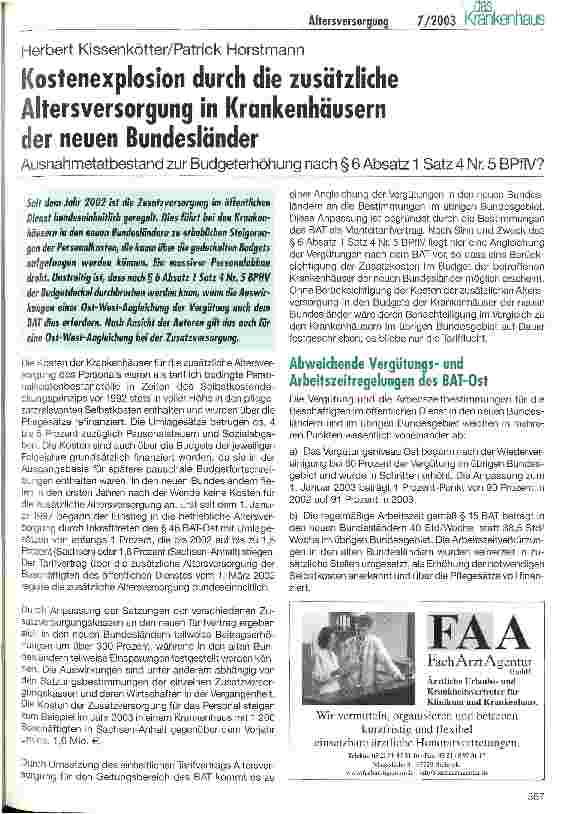 Vorschauseite 1: Kostenexplosion durch die zusätzliche Altersversorgung in Krankenhäusern der neuen Bundesländer Ausnahmetatbestand zur Budgeterhöhung nach § 6 Absatz 1 Satz 4 Nr. 5 BPflV?