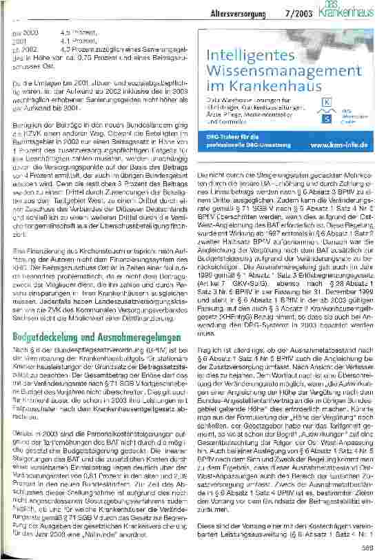 Vorschauseite 3: Kostenexplosion durch die zusätzliche Altersversorgung in Krankenhäusern der neuen Bundesländer Ausnahmetatbestand zur Budgeterhöhung nach § 6 Absatz 1 Satz 4 Nr. 5 BPflV?