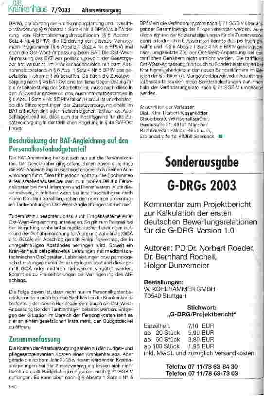 Vorschauseite 4: Kostenexplosion durch die zusätzliche Altersversorgung in Krankenhäusern der neuen Bundesländer Ausnahmetatbestand zur Budgeterhöhung nach § 6 Absatz 1 Satz 4 Nr. 5 BPflV?