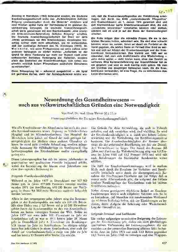 Vorschauseite 1: Neuordnung des Gesundheitswesen auch aus volkswirtschaftlichen Gründen eine Notwendigkeit