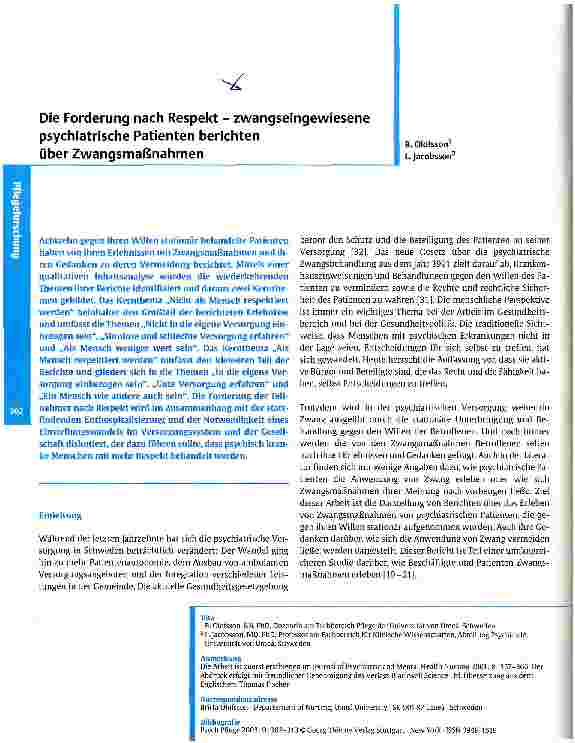 Vorschauseite 1: Die Forderung nach Respekt - zwangseingewiesene psychiatrische Patienten berichten über Zwangsmaßnahmen