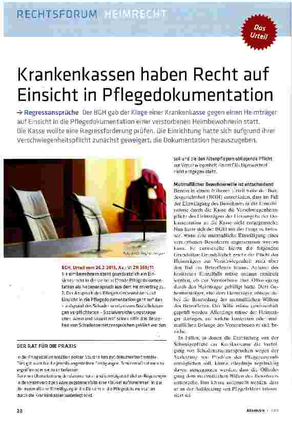 Vorschauseite 1: Krankenkassen haben Recht auf Einsicht in Pflegedokumentation