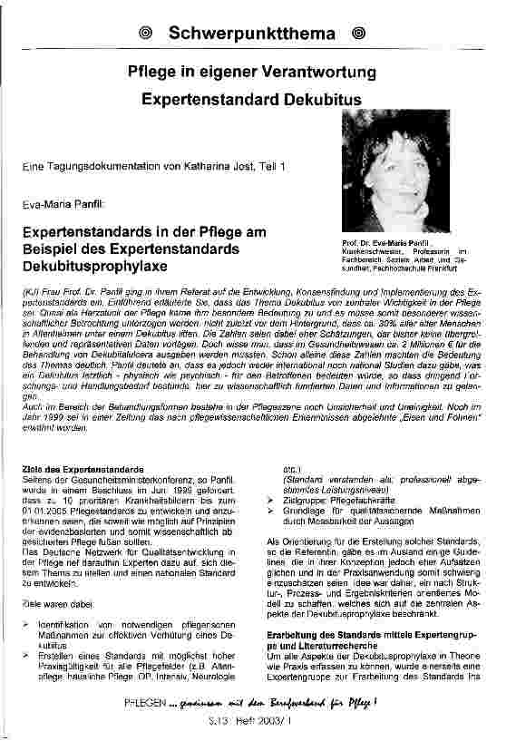 Vorschauseite 1: Expertenstandards in der Pflege am Beispiel des Expertenstandards Dekubitusprophylaxe, E.-M. Panfil Eine Tagungsdokumentation, Teil 1