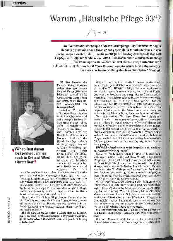 Vorschauseite 1: Warum Häusliche Pflege 93? Interview mit Klaus Geissler über die neue Kongreß-Messe