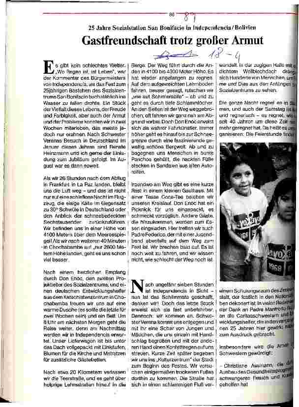 Vorschauseite 1: Gastfreunschaft trotz großer Armut 25 Jahre Sozialstation San Bonifacio in Indpendencia/Bolivien