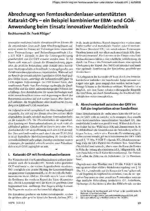 Vorschauseite 1: Abrechnung von Femtosekundenlaser-unterstützten Katarakt-OPs - ein Beispiel kombinierter EBMund GOÄ-Anwendung beim Einsatz innovativer Medizintechnik