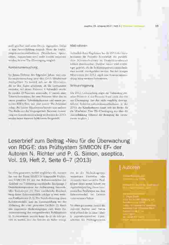 Vorschauseite 1: Leserbrief zum Beitrag »Neu für die Überwachung von RDG-E: das Prüfsystem SIMICON EF« der Autoren N. Richter und P. G. Simon, aséptica, Vol. 19, Heft 2, Seite 6-7 (2013)