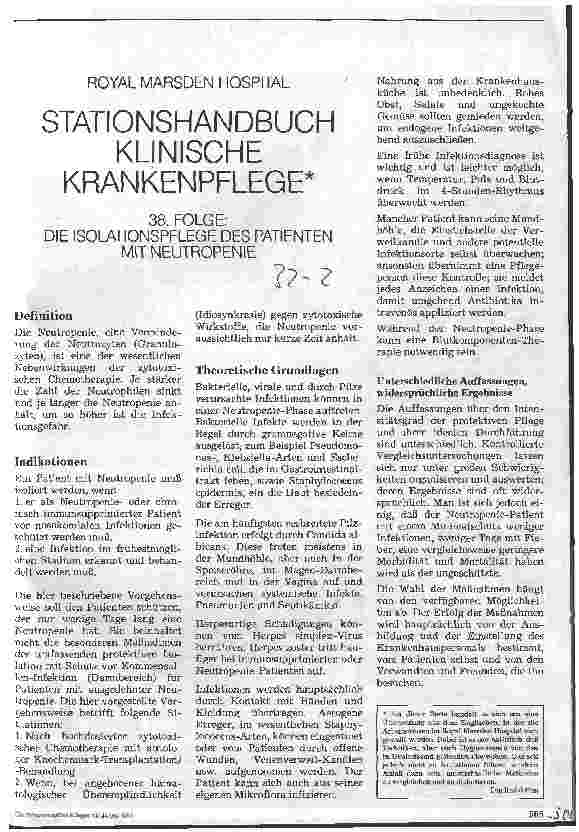 Vorschauseite 1: Stationshandbuch Klinische Krankenpflege 38. Folge: Isolationspflege des Patienten mit Neutropenie