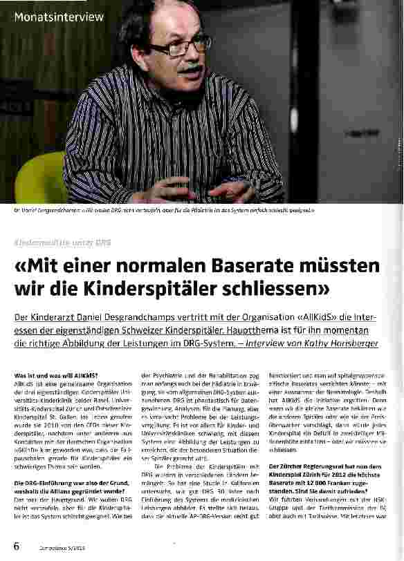 Vorschauseite 1: «Mit einer normalen Baserate müssten wir die Kinderspitäler schliessen»