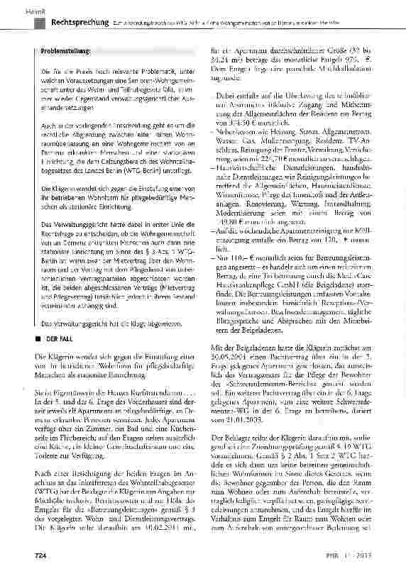 Vorschauseite 2: Zum Anwendungsbereich des WTG-Berlin auf eine Wohngemeinschaft von an Demenz erkrankten Menschen