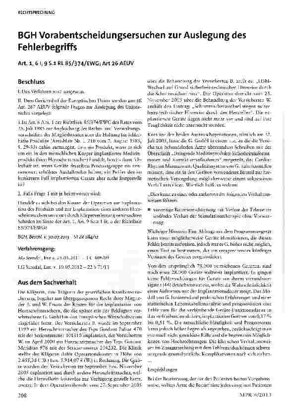 Vorschauseite 1: BGH Vorabentscheidungsersuchen zur Auslegung des Fehlerbegriffs