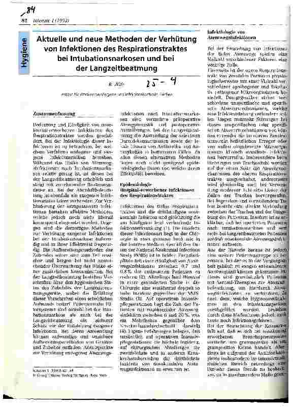 Vorschauseite 1: Aktuelle und neue Methoden der Verhütung von Infektionen des Respirationstraktes bei Intubationsnarkosen und bei der Langzeitbeatmung