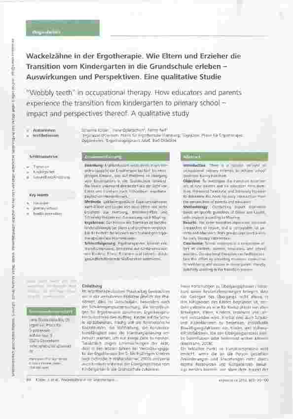 Vorschauseite 1: Wackelzähne in der Ergotherapie. Wie Eltern und Erzieher die Transition vom Kindergarten in die Grundschule erleben Auswirkungen und Perspektiven. Eine qualitative Studie