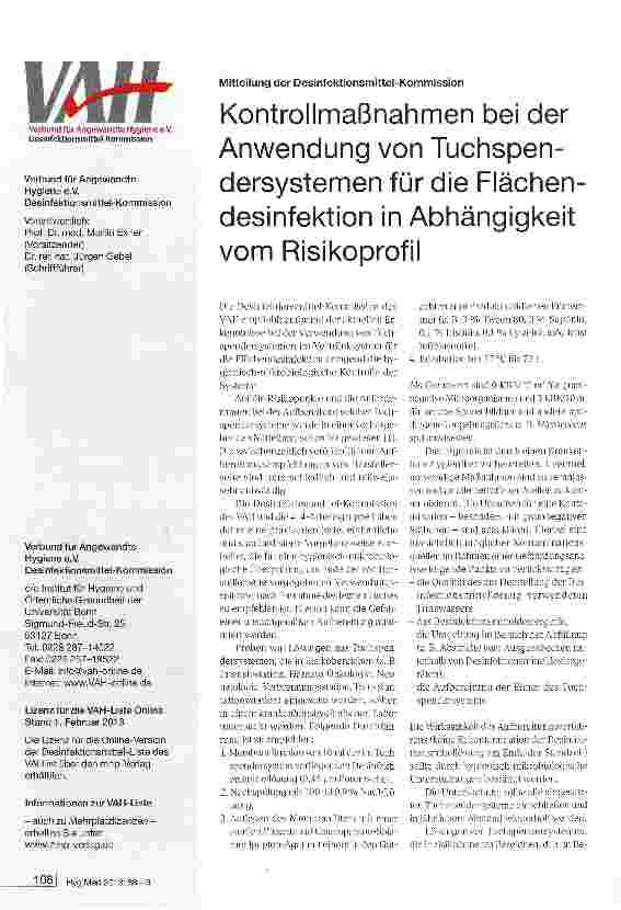 Vorschauseite 1: Kontrollmaßnahmen bei der Anwendung von Tuchspendersystemen für die Flächen desinfektion in Abhängigkeit vom Risikoprofil