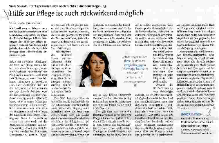 Vorschauseite 1: Hilfe zur Pflege ist auch rückwirkend möglich