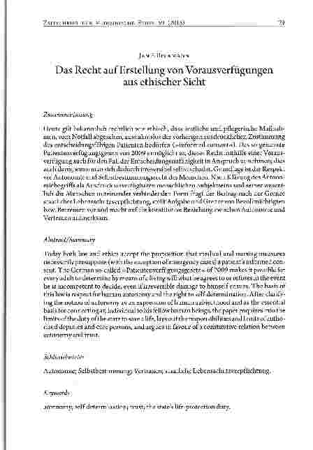 Vorschauseite 1: Das Recht auf Erstellung von Vorausverfügungen aus ethischer Sicht