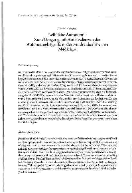 Vorschauseite 1: Leibliche Autonomie Zum Umgang mit Ambivalenzen des Autonomiebegriffs in der »individualisierten Medizin«