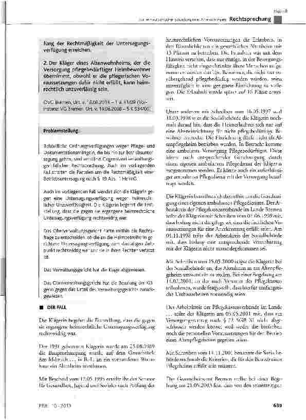 Vorschauseite 2: Zur heimaufsichtlichen Schließung eines Altenwohnheims HeimG § 11 Abs. 2 Nr. 1, § 19 Abs. 1; VwGO § 113 Abs. 1 Satz 4