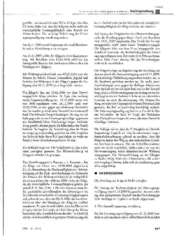 Vorschauseite 4: Zur heimaufsichtlichen Schließung eines Altenwohnheims HeimG § 11 Abs. 2 Nr. 1, § 19 Abs. 1; VwGO § 113 Abs. 1 Satz 4