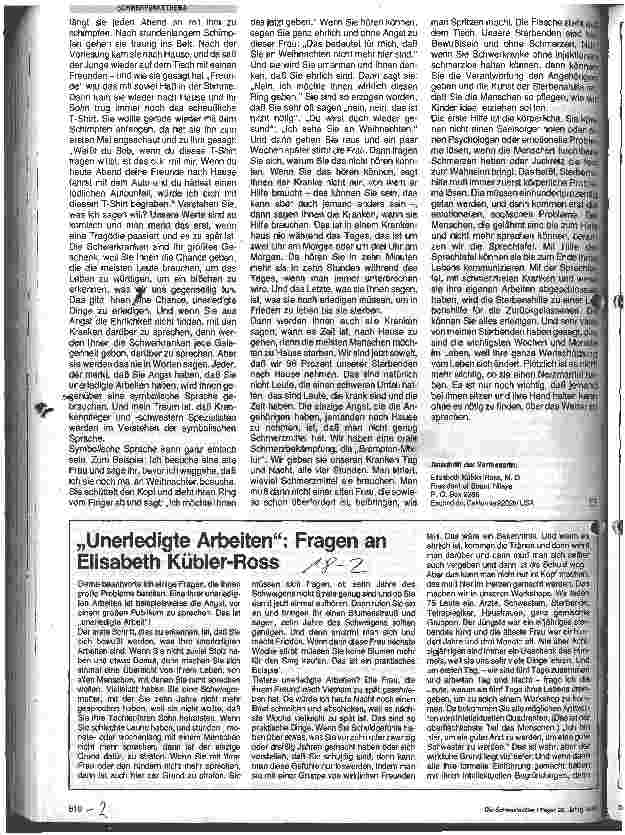Vorschauseite 1: Unerledigte Arbeiten: Fragen an Elisabeth Kübler-Ross