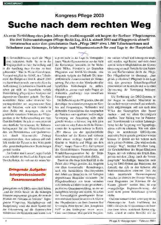 Vorschauseite 1: Suche nach dem rechten Weg Kongress Pflege 2003