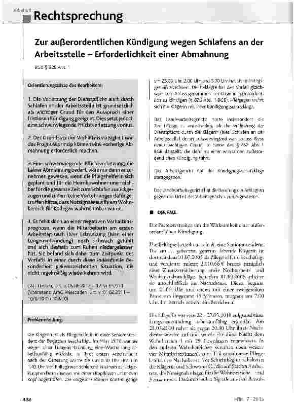 Vorschauseite 1: Zur außerordentlichen Kündigung wegen Schlafens an der Arbeitsstelle - Erforderlichkeit einer Abmahnung BGB § 626 Abs. 1