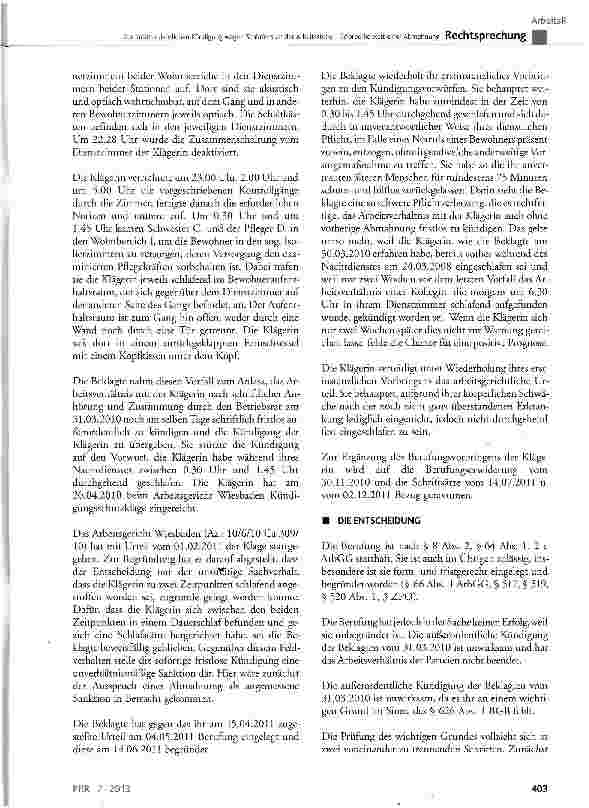 Vorschauseite 2: Zur außerordentlichen Kündigung wegen Schlafens an der Arbeitsstelle - Erforderlichkeit einer Abmahnung BGB § 626 Abs. 1
