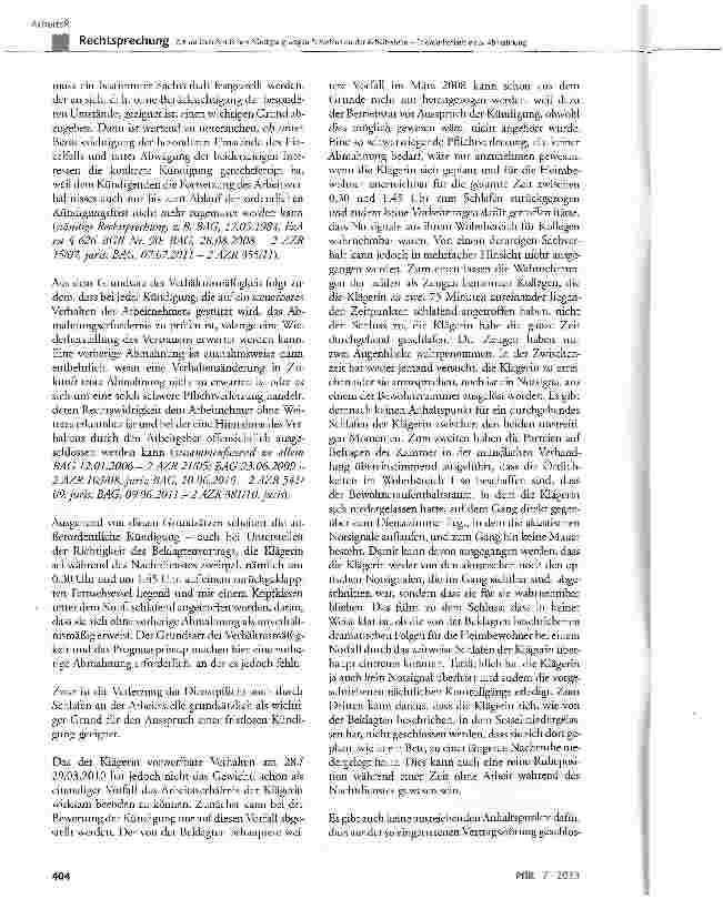 Vorschauseite 3: Zur außerordentlichen Kündigung wegen Schlafens an der Arbeitsstelle - Erforderlichkeit einer Abmahnung BGB § 626 Abs. 1