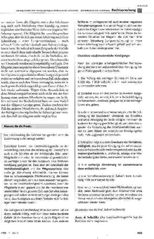 Vorschauseite 4: Zur außerordentlichen Kündigung wegen Schlafens an der Arbeitsstelle - Erforderlichkeit einer Abmahnung BGB § 626 Abs. 1