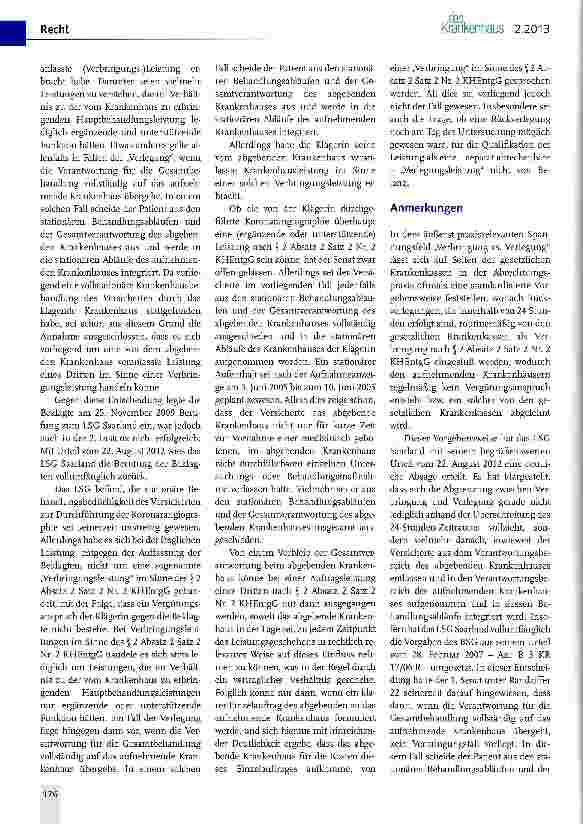 Vorschauseite 2: Von einer „Verbringung im Sinne einer Drittleistung nach f 2 Absatz 2 Satz 2 Nr. 2 KHEntgG in Abgrenzung zu einer „Verlegung kann stets dann ausgegangen werden, wenn das abgebende…