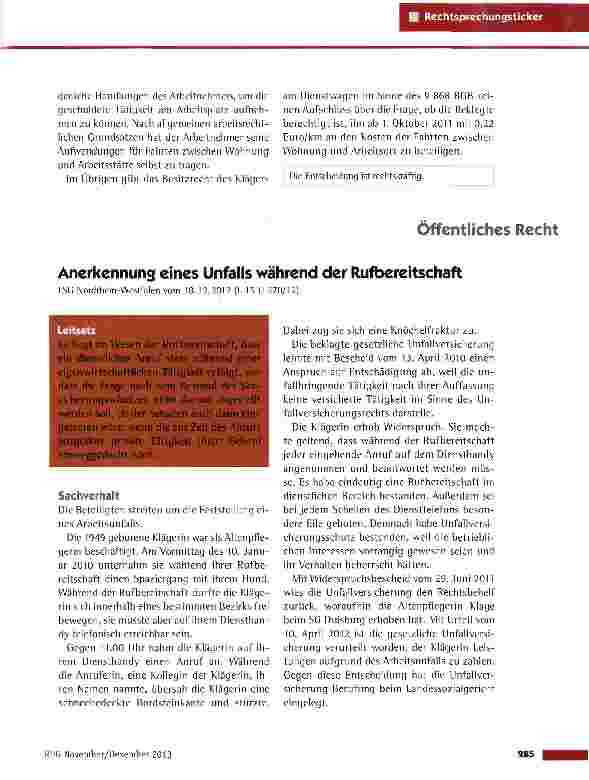 Vorschauseite 1: Anerkennung eines Unfalls während der Rufbereitschaft LSG Nordrhein-Westfalen vom 18.12.2012 (L 15 U 270/12)