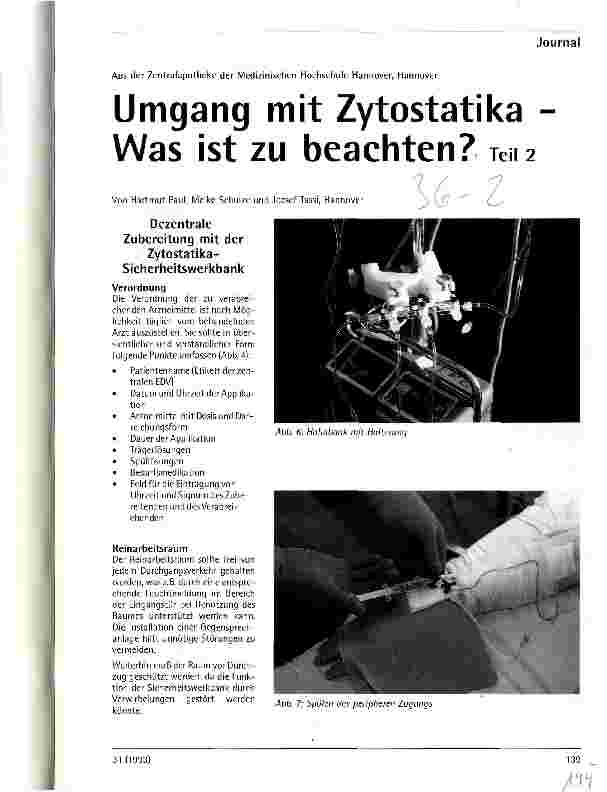 Vorschauseite 1: Umgang mit Zytostatika - Was ist zu beachten? Teil 2 Aus der Zentralapotheke d. Medizinischen Hochschule Hannover